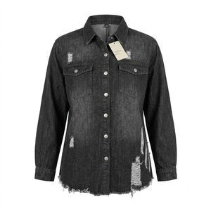 Womens Black Denim Shirt Jacket XL NWT Distressed Frayed Raw Hem Shacket Button